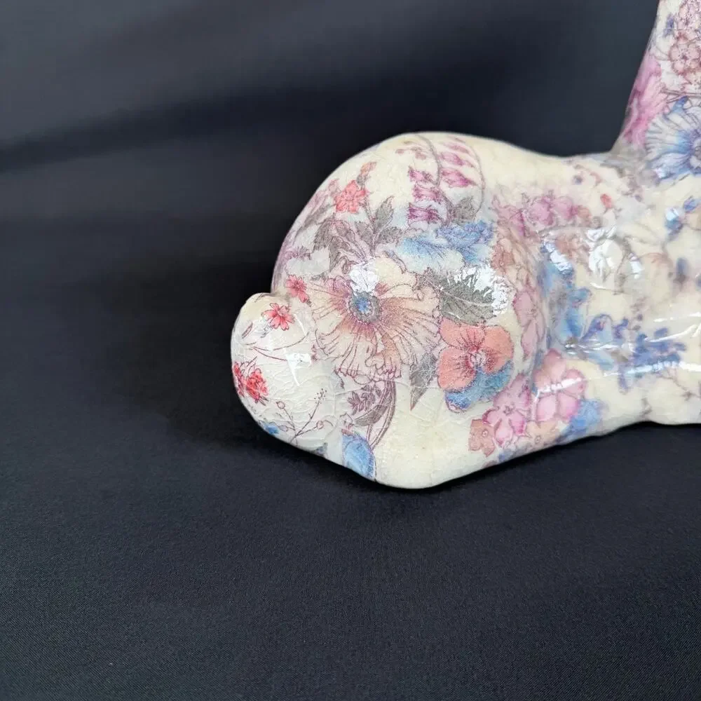 Floral Decoupage Lying Deer Figurine Ceramic Sculpture h8